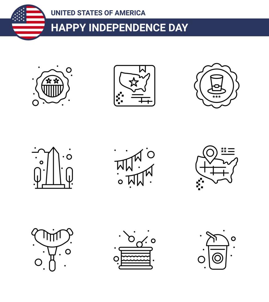 9 USA Line Pack of Independence Day Signs and Symbols of american usa glass sight landmark Editable USA Day Vector Design Elements