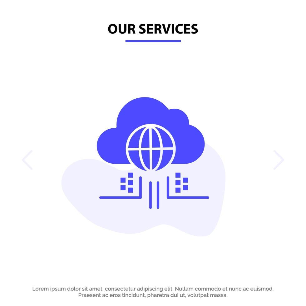 nuestros servicios internet piensa tecnología en la nube icono de glifo sólido plantilla de tarjeta web vector