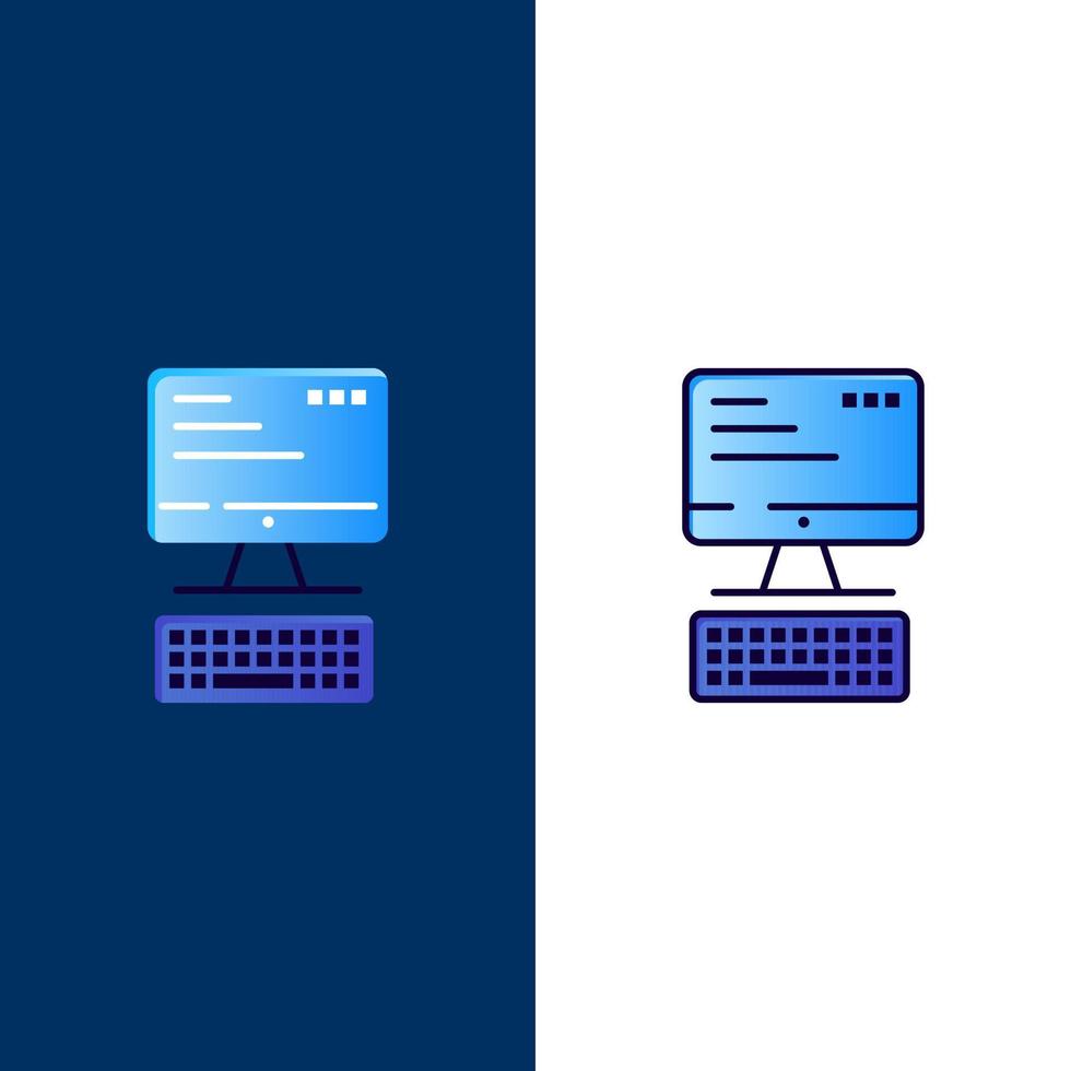 monitor de teclado de computadora iconos de computación plano y lleno de línea conjunto de iconos vector fondo azul