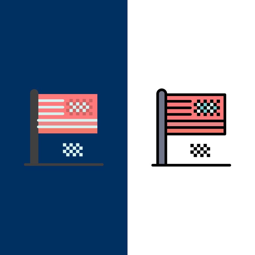 sueño americano colapso declive caída bandera iconos plano y línea llena conjunto de iconos vector fondo azul