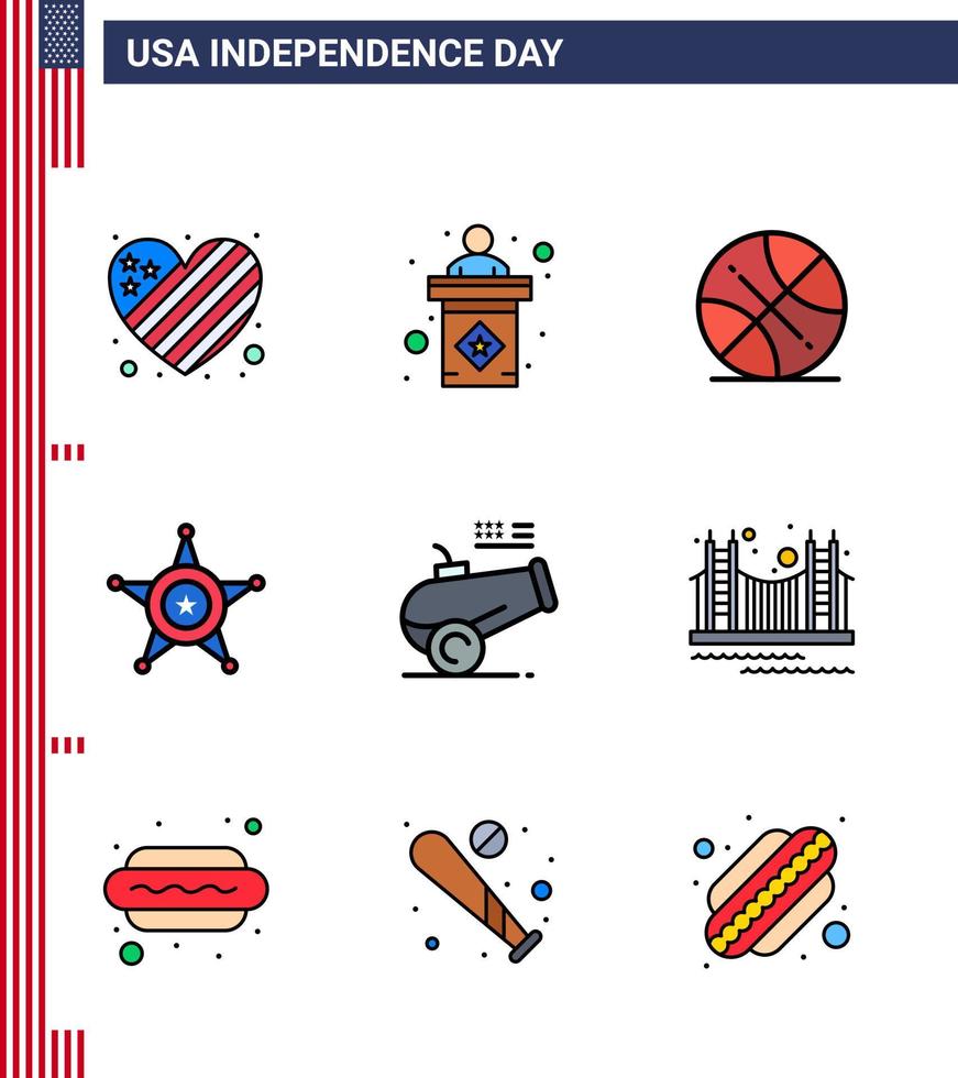 usa feliz día de la independencia pictograma conjunto de 9 líneas planas simples llenas de cannon usa backetball star men editable usa day elementos de diseño vectorial vector