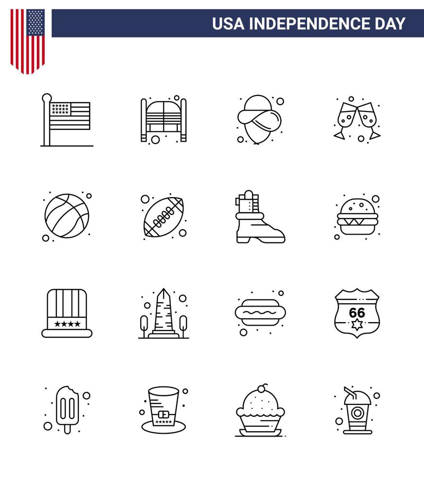 Happy Independence Day Pack of 16 Lines Signs and Symbols for football american entrance wine glass beer Editable USA Day Vector Design Elements