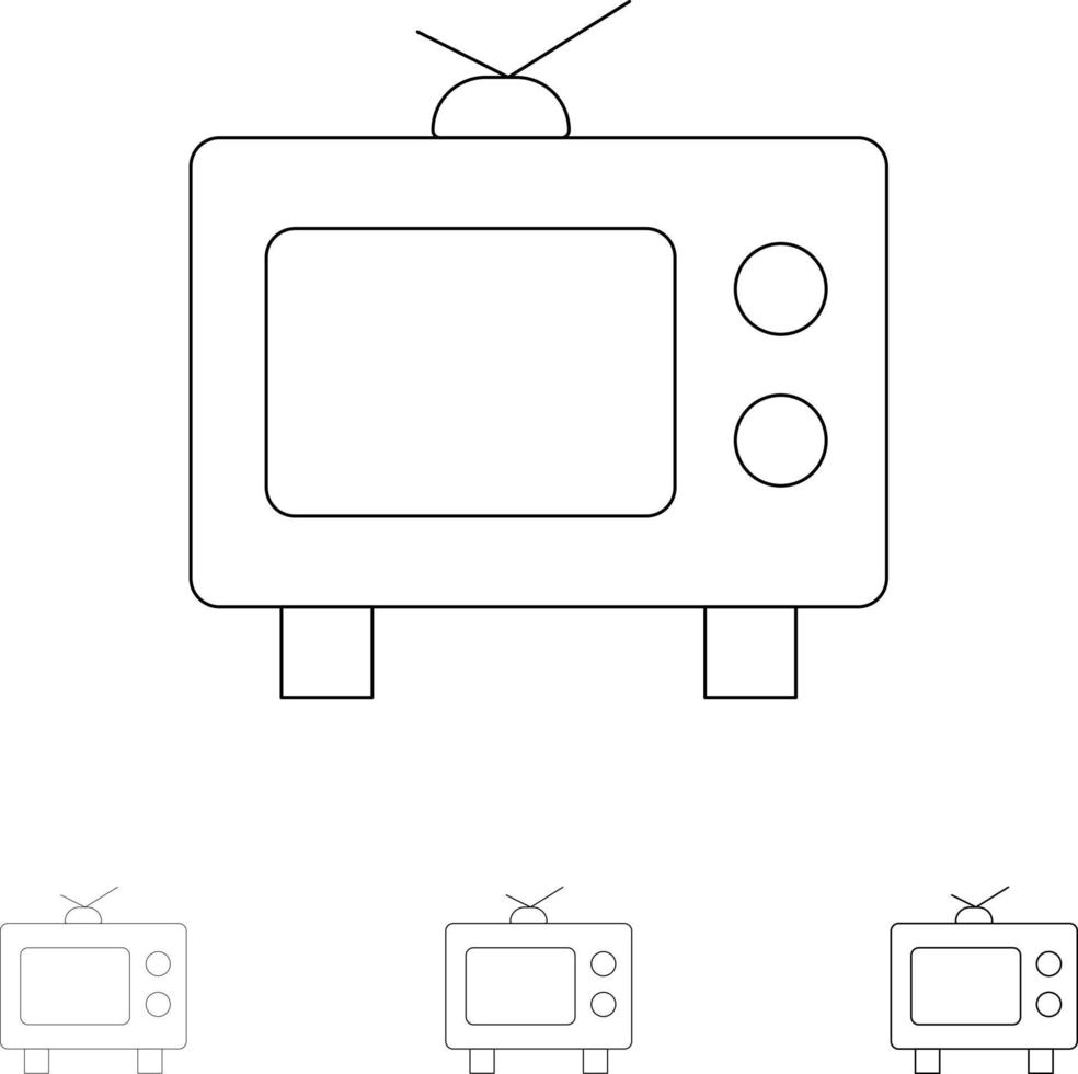 tv medios de comunicación negrita y delgada línea negra conjunto de iconos vector