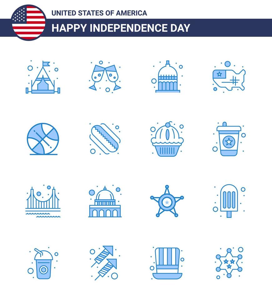 Group of 16 Blues Set for Independence day of United States of America such as usa ball statehouse backetball united Editable USA Day Vector Design Elements