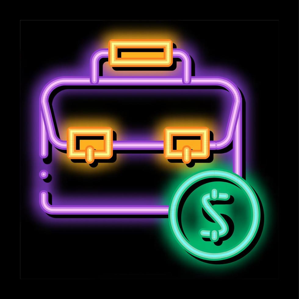 ilustración de icono de brillo de neón de moneda de dólar y caja de bolsa de maleta vector