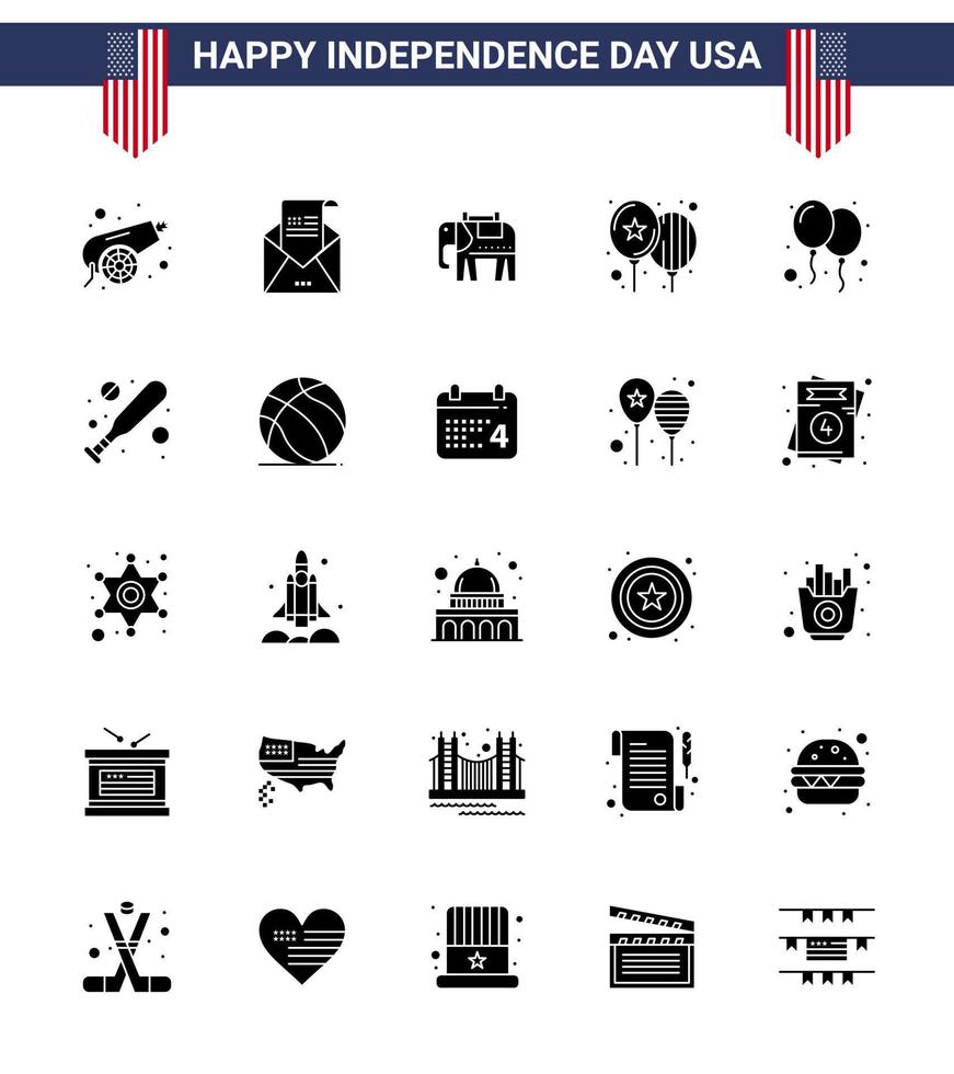 Group of 25 Solid Glyph Set for Independence day of United States of America such as bat party mail day balloons Editable USA Day Vector Design Elements