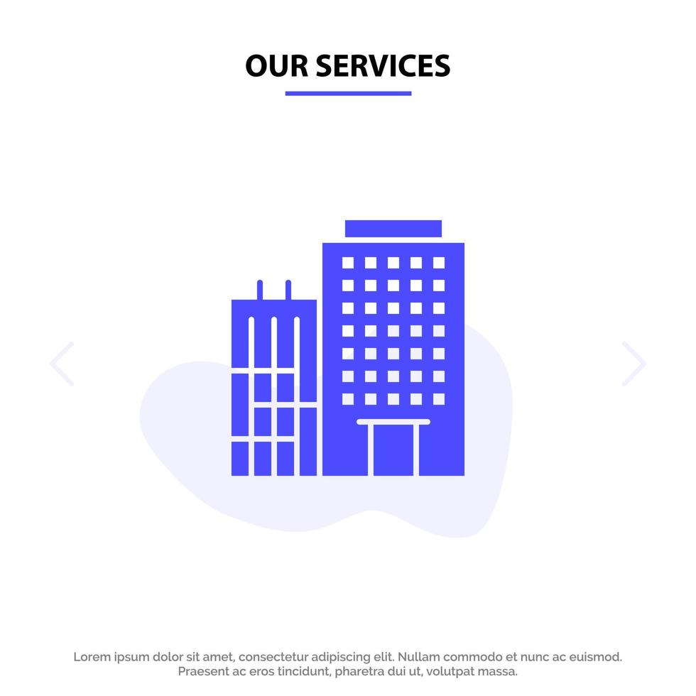 nuestros servicios hotel edificio servicio a domicilio icono de glifo sólido plantilla de tarjeta web vector