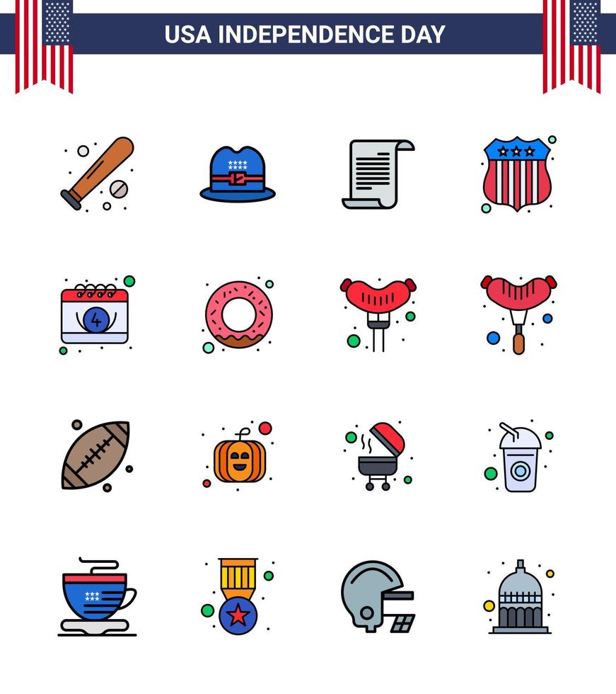 Modern Set of 16 Flat Filled Lines and symbols on USA Independence Day such as date american file usa police badge Editable USA Day Vector Design Elements