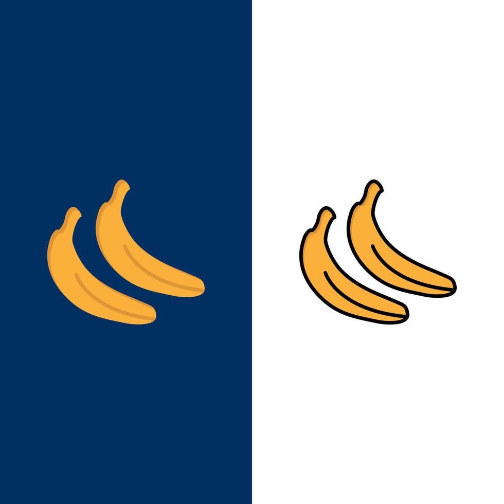iconos de fruta de comida de plátano plano y conjunto de iconos llenos de línea vector fondo azul