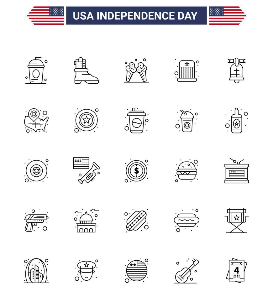 Pack of 25 creative USA Independence Day related Lines of ring hat icecream kids circus Editable USA Day Vector Design Elements