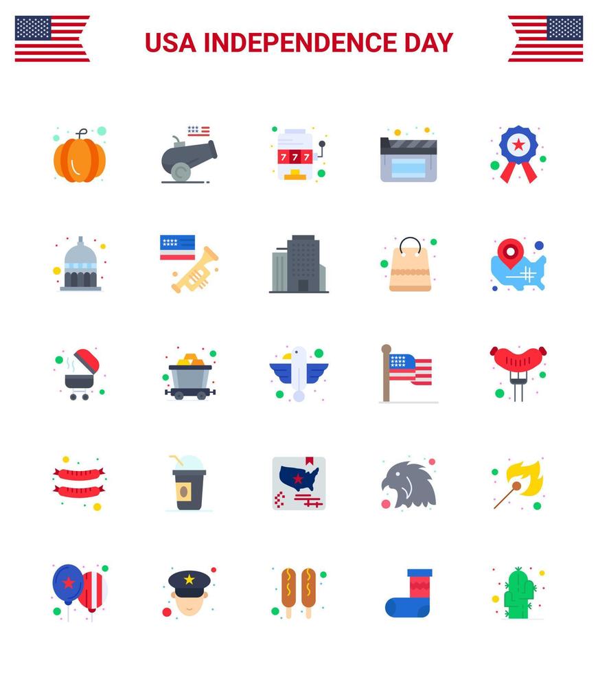Flat Pack of 25 USA Independence Day Symbols of sign police machine badge movies Editable USA Day Vector Design Elements
