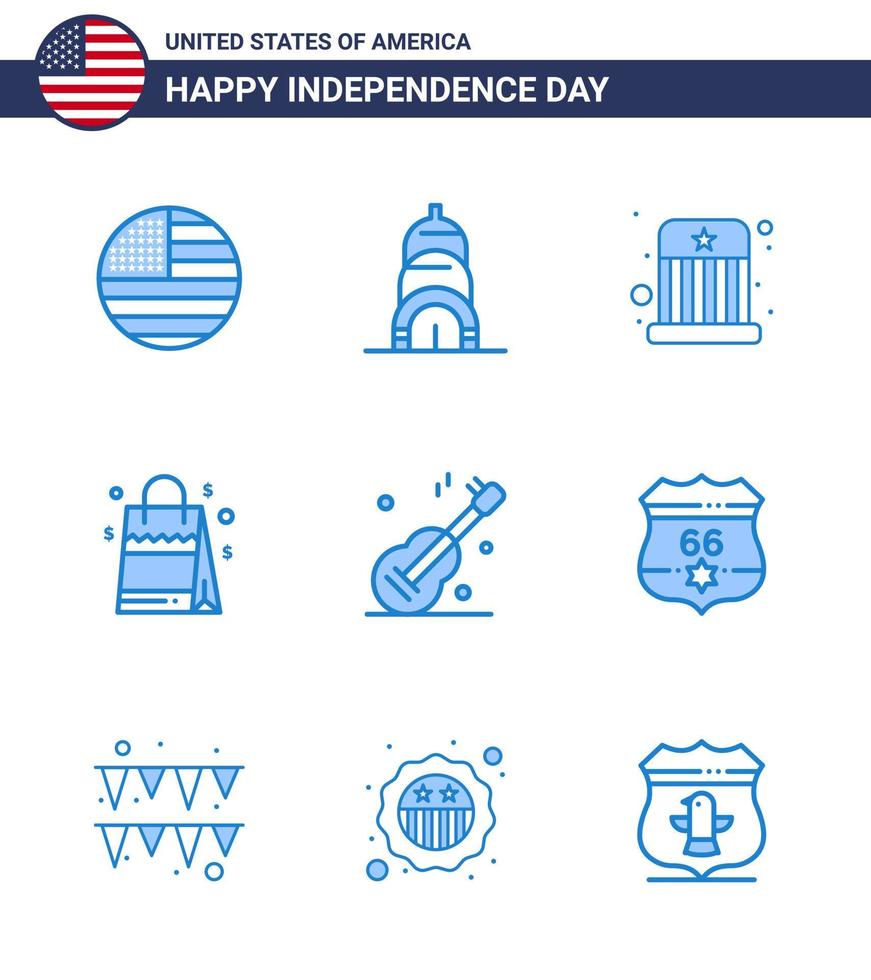 Happy Independence Day 4th July Set of 9 Blues American Pictograph of usa guiter entertainment american handbag Editable USA Day Vector Design Elements