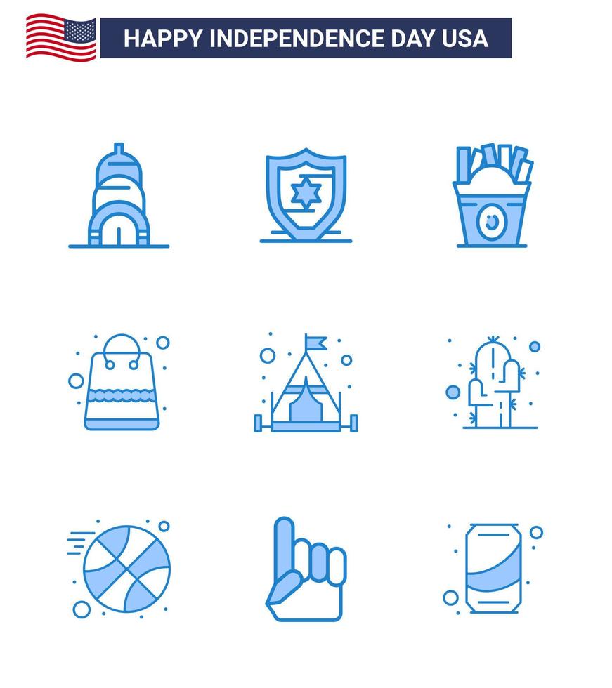 Happy Independence Day Pack of 9 Blues Signs and Symbols for cactus camping food camp packages Editable USA Day Vector Design Elements