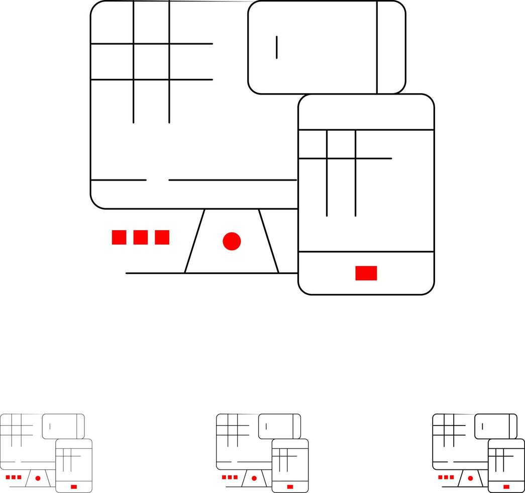 monitor de computadora educación celular conjunto de iconos de línea negra en negrita y delgada vector