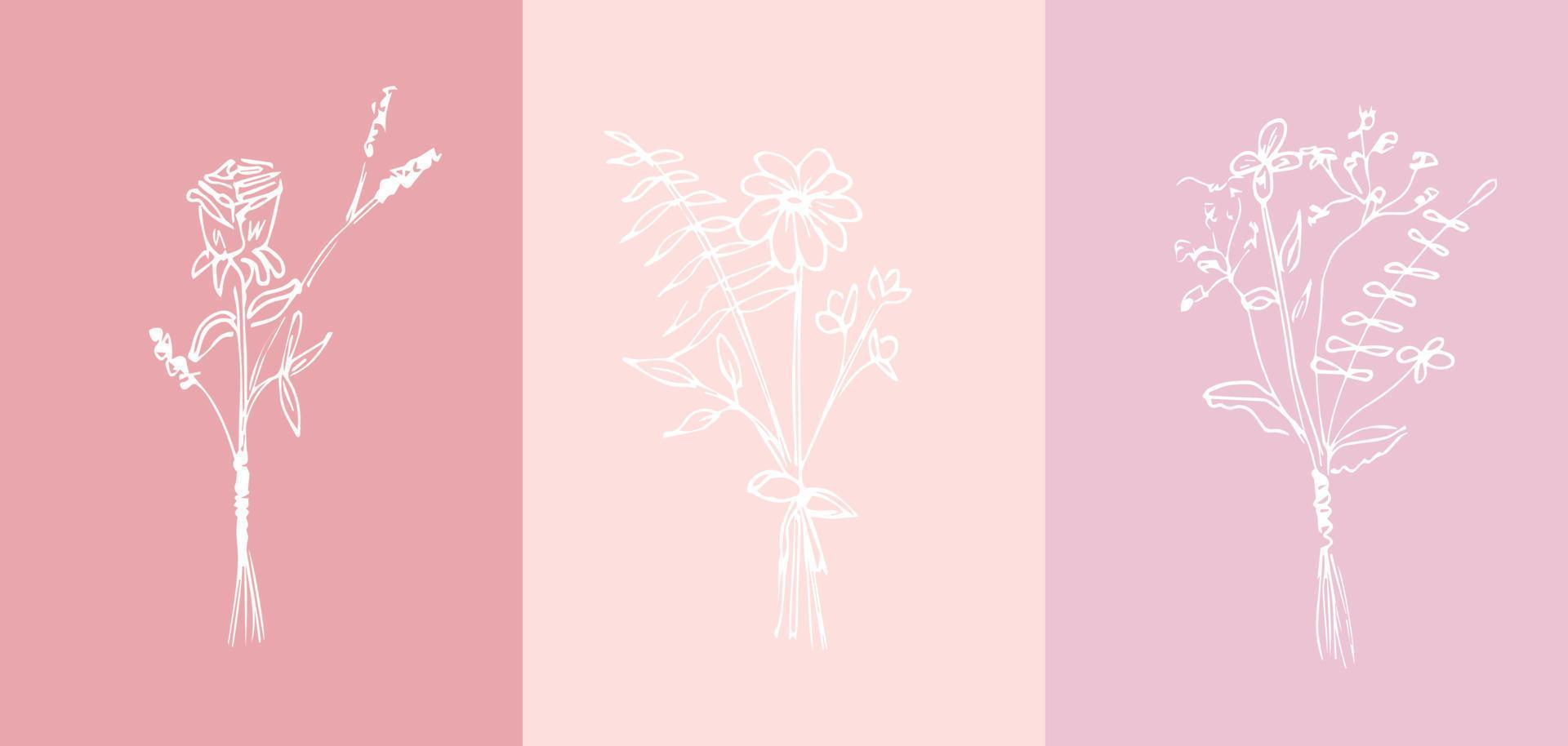 Botanical drawing. Minimal plant logo, meadow greenery, leaves and flowers abstract sketch collection, linear rustic branch. Vector hand drawn wedding invitation bouquet decoration set