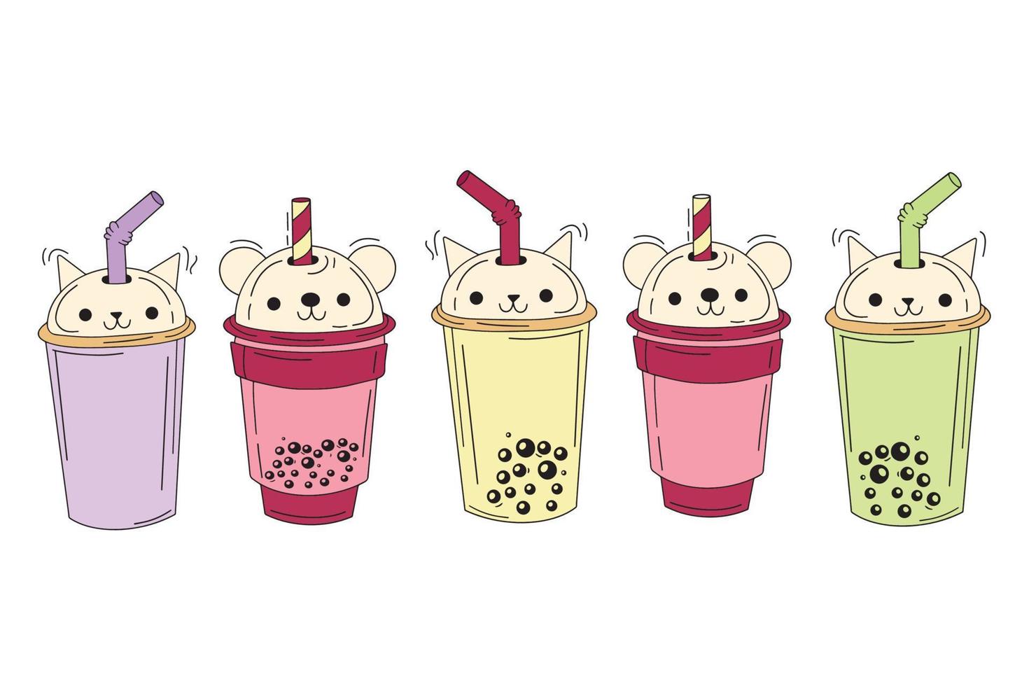 Tea, soft drinks in plastic cups, fashionable dessert, colorful vector collection.