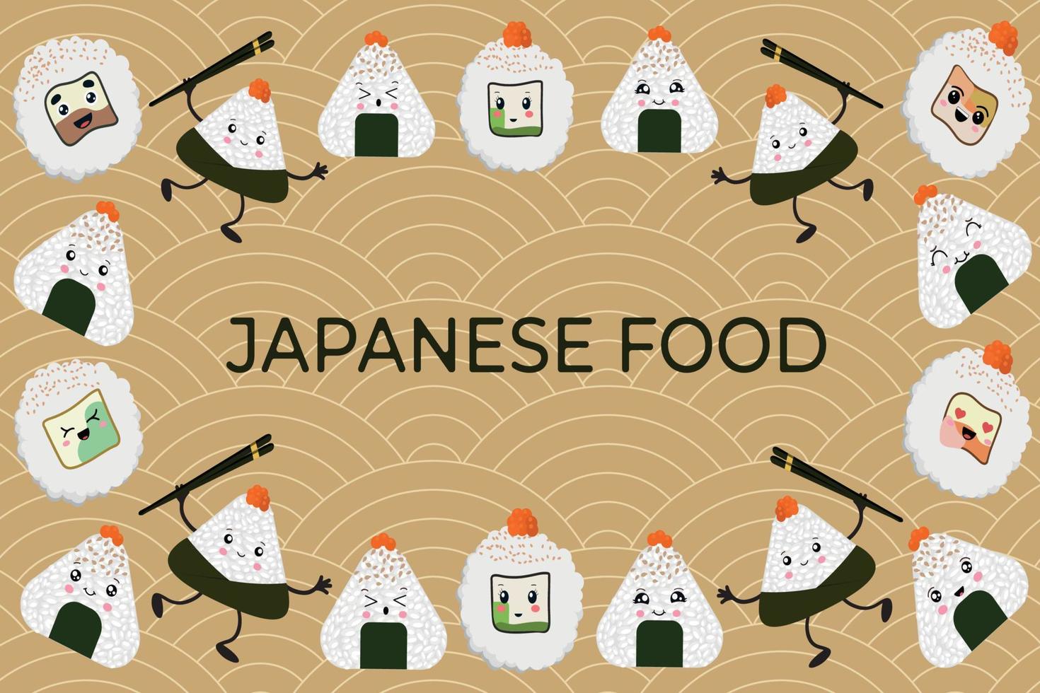 Vector illustration of onigiri and rolls in the style of kawaii. Traditional Japanese cuisine.Flat style.