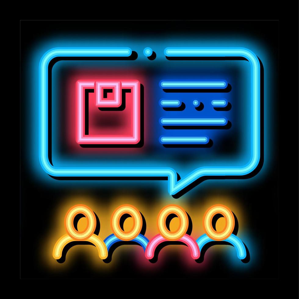 people discussing about company products neon glow icon illustration vector