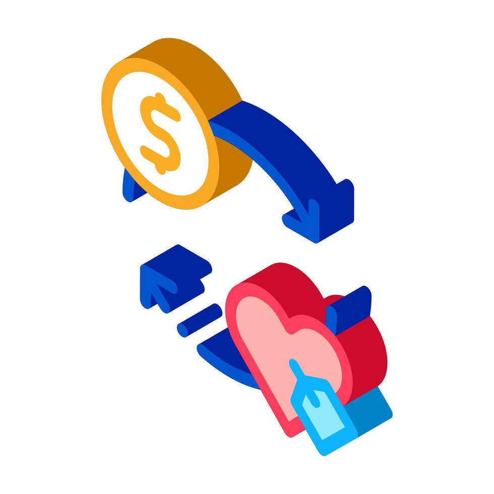 Ilustración de vector de icono isométrico de moneda de dólar de corazón