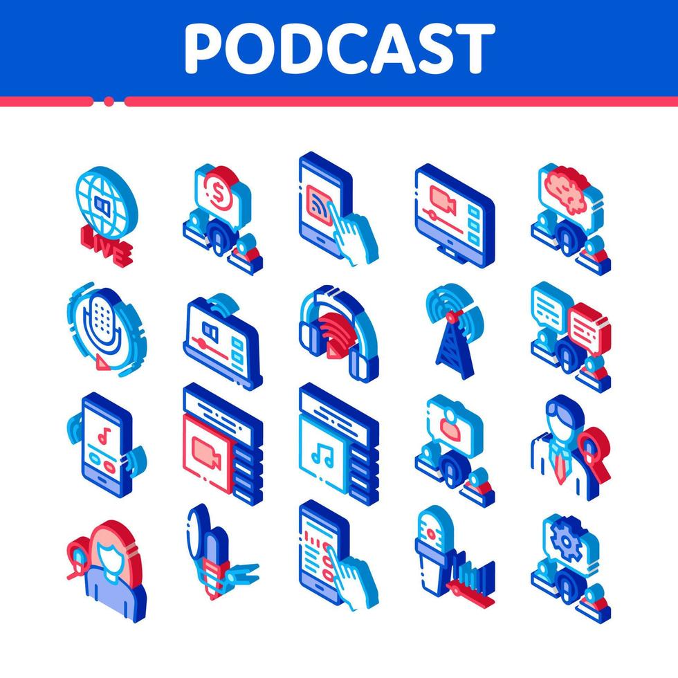 Podcast And Radio Isometric Icons Set Vector