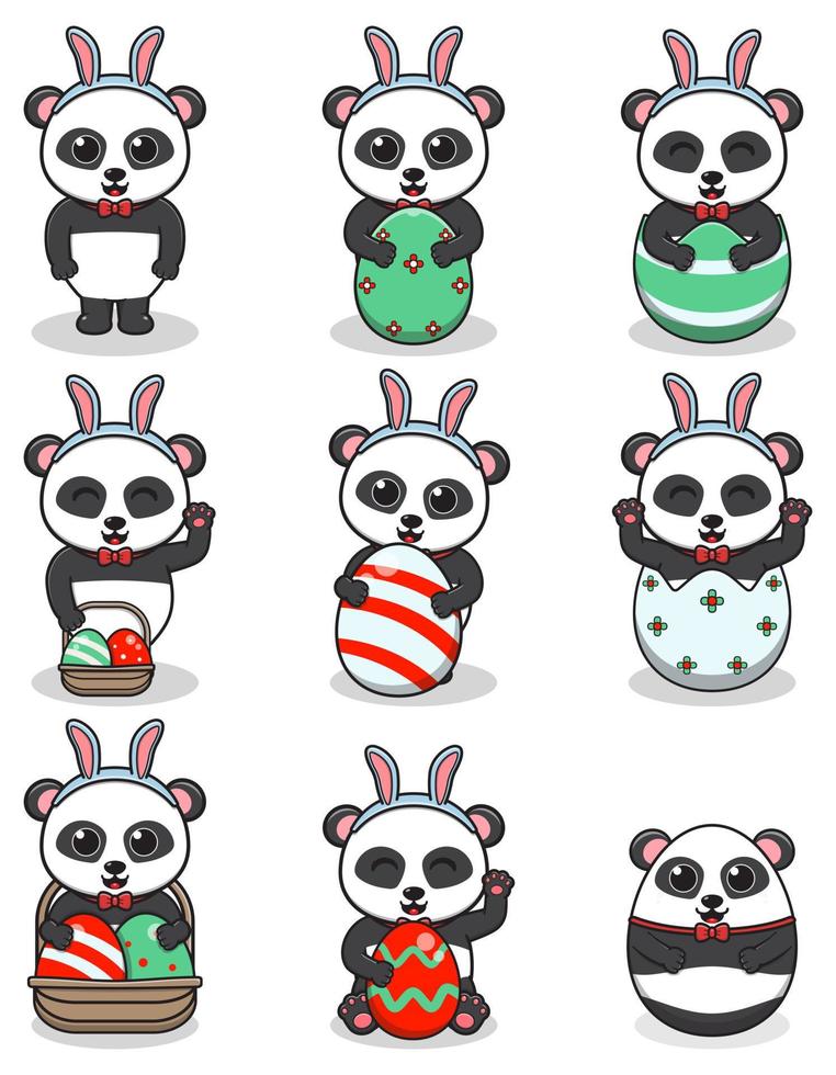 panda felices pascuas. lindo panda en el tema de Pascua en dibujos animados. ilustración vectorial aislado sobre fondo blanco. conjunto de vectores de vacaciones de Pascua.