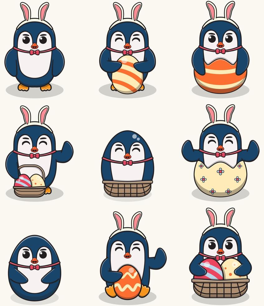 Penguin Happy Easter. Cute Penguin on the Easter theme in cartoon. Vector illustration. Isolated on white background. Easter holiday vector set.