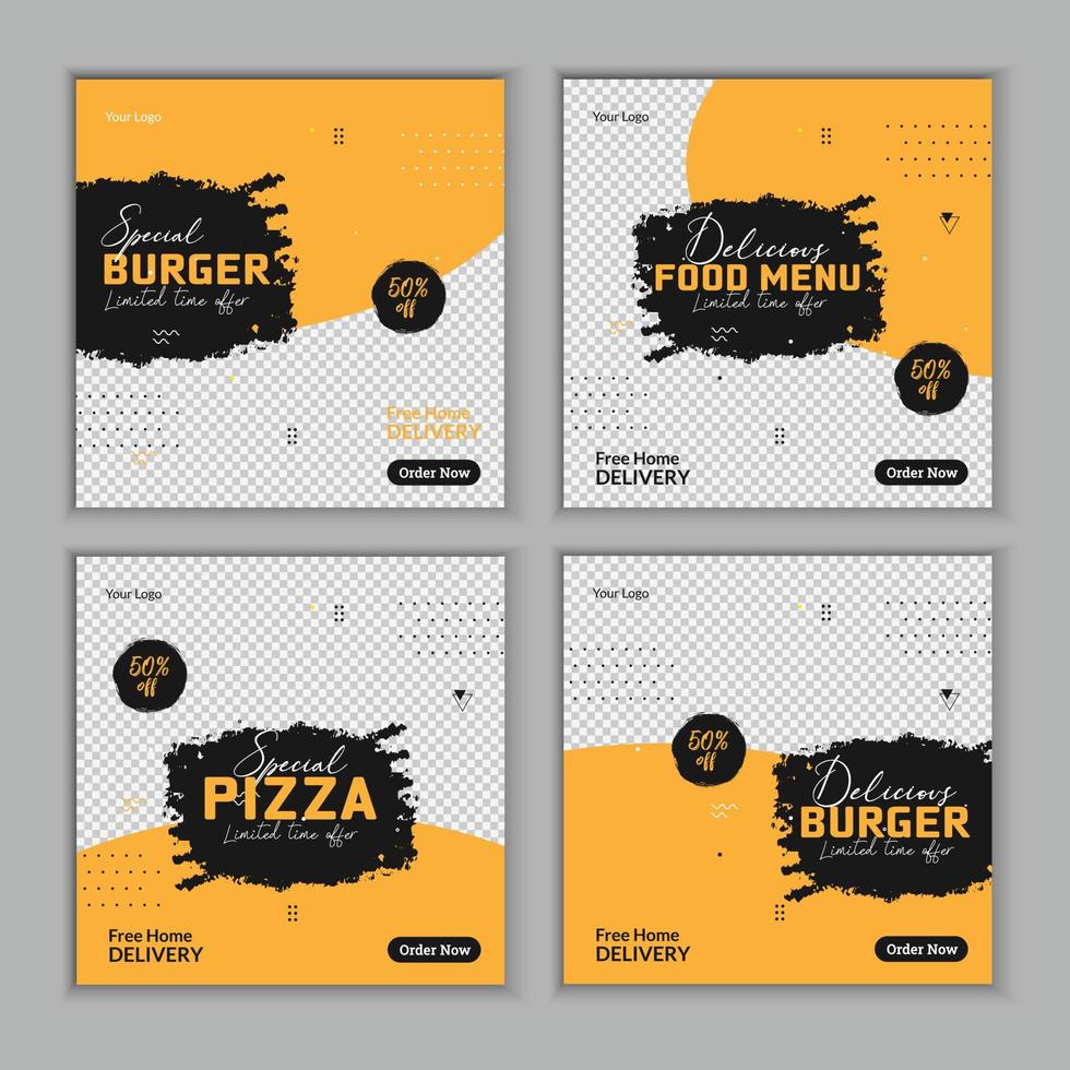 menú de comida súper delicioso diseño de banner de publicación en redes sociales. adecuado para banner de publicación en redes sociales. Promoción en línea de negocios de pizza, hamburguesas, pollo y comida deliciosa. vector