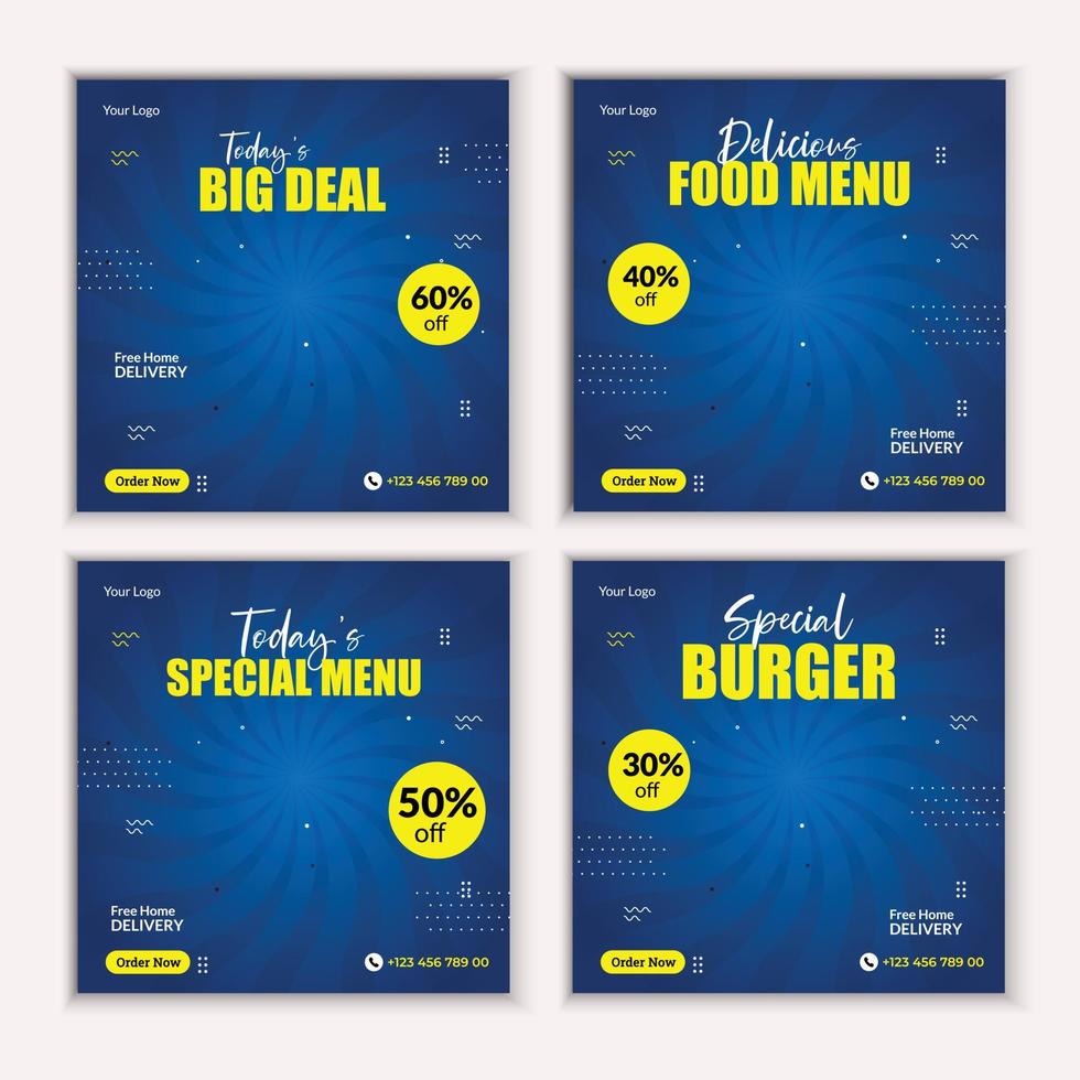 Delicious food menu social media post banner design. Suitable for Social Media Post banner. Pizza, burger, chicken and delicious food business online promotion. vector