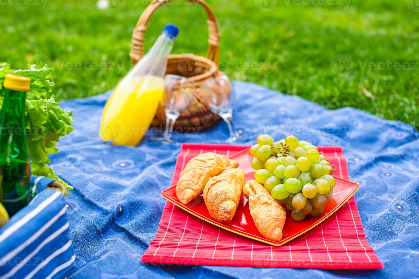 cesta de picnic con frutas, pan y botella de vino blanco. foto