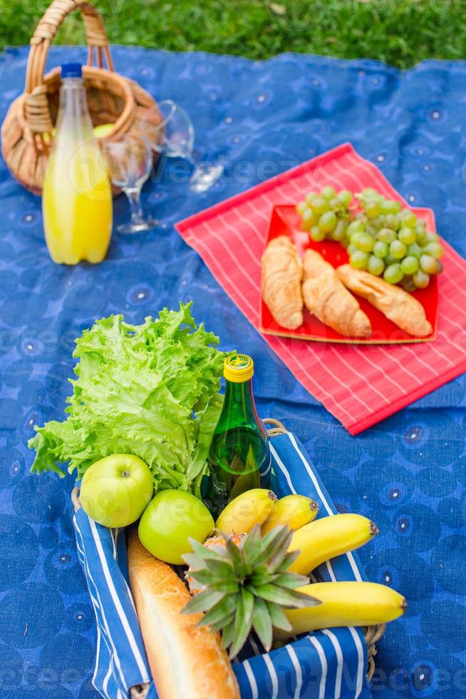 Picnic basket with fruits, bread and bottle of white wine photo