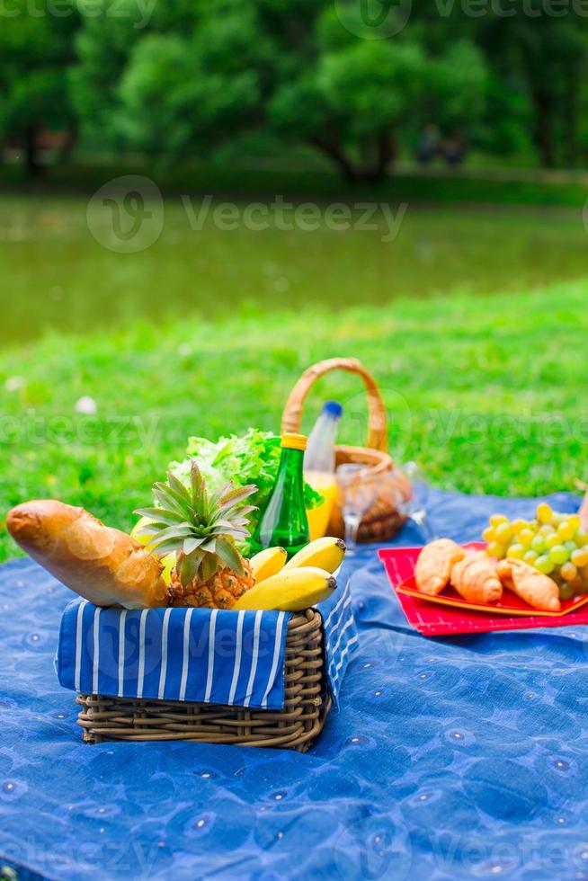 cesta de picnic con frutas, pan y botella de vino blanco. foto