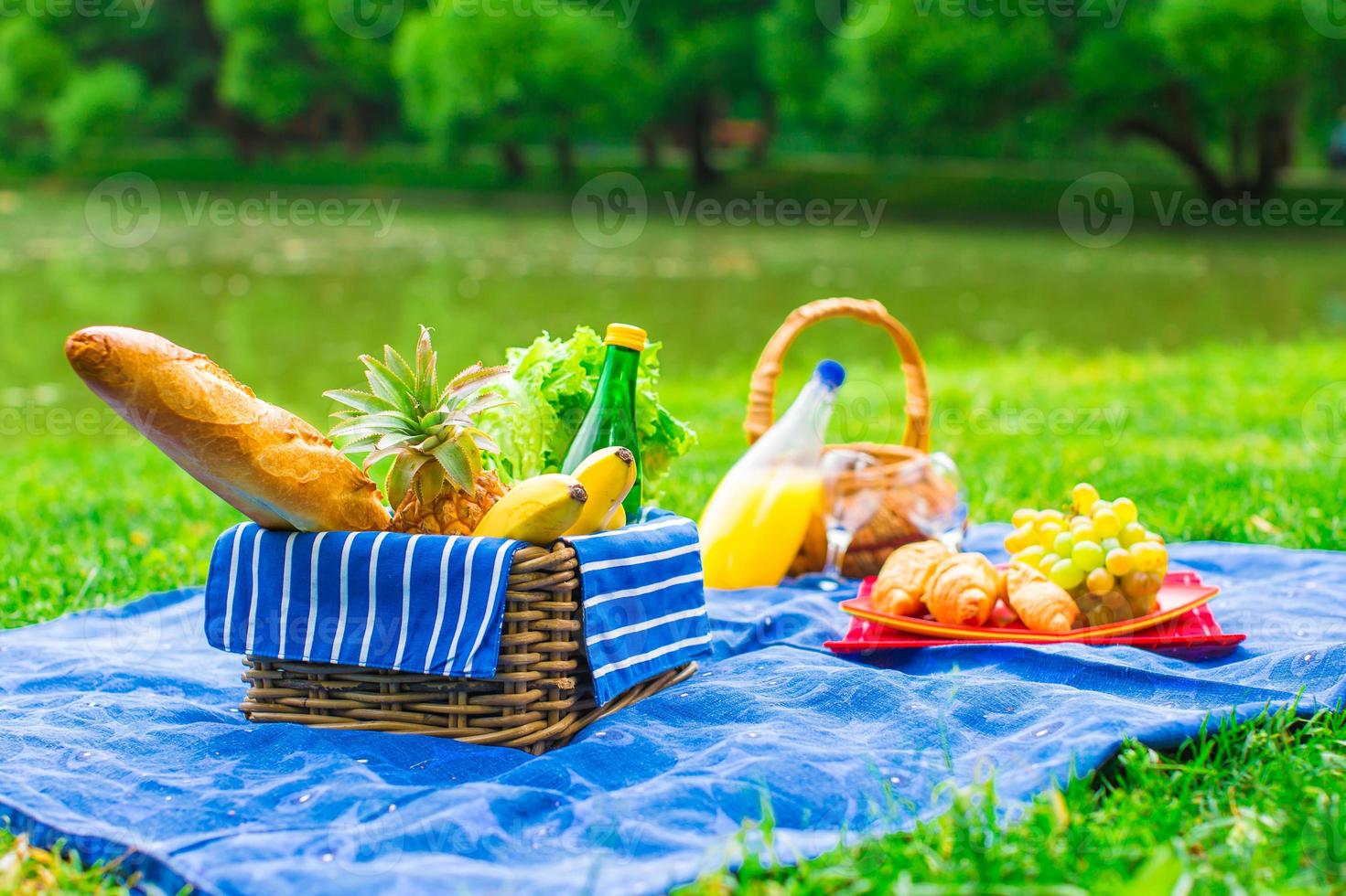 cesta de picnic con frutas, pan y botella de vino blanco. foto