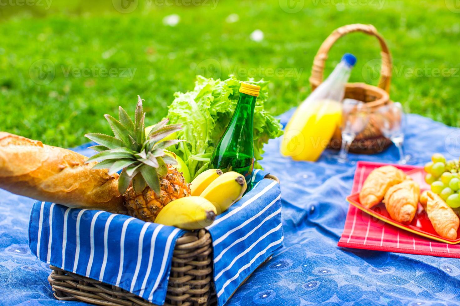 cesta de picnic con frutas, pan y botella de vino blanco. foto