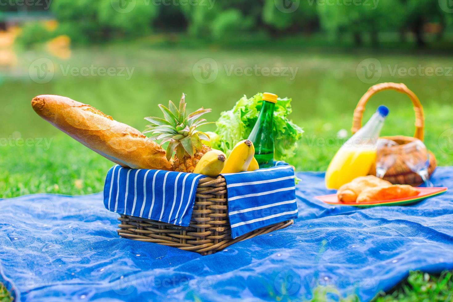 cesta de picnic con frutas, pan y botella de vino blanco. foto