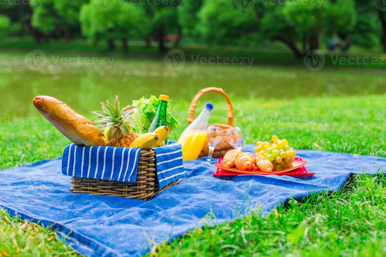Picnic setting with white wine, pears, fruits, bread photo