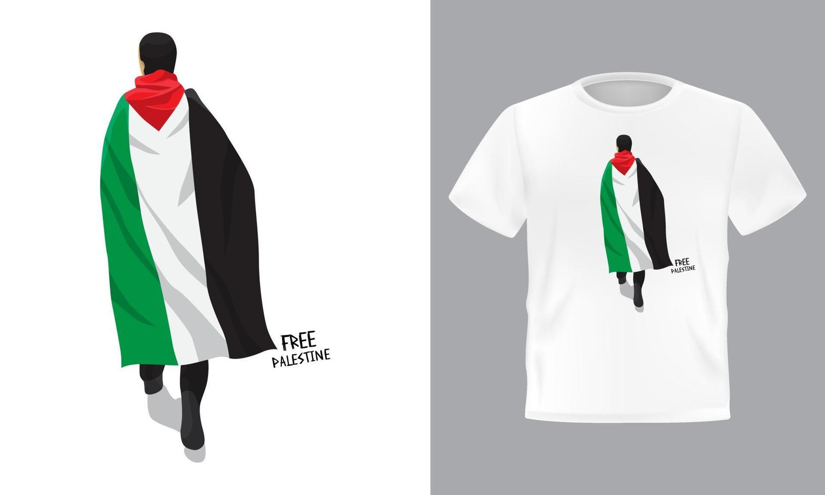 Free Palestine t-shirt design. Illustration of a man wearing a Palestinian flag on his shoulders vector