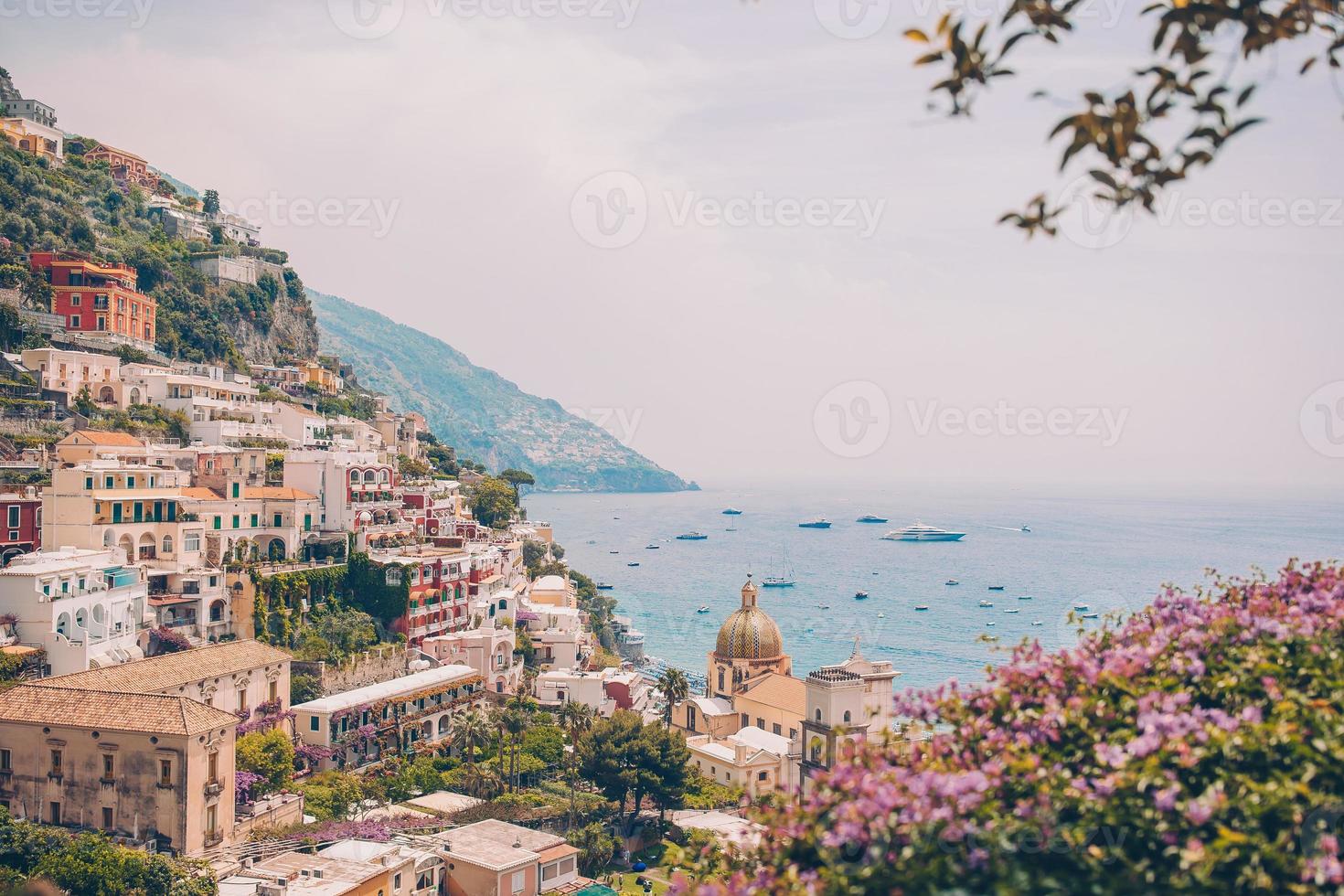 View of the town of Positano with flowers photo