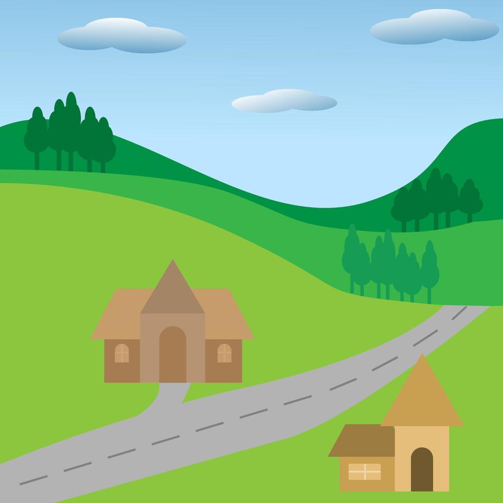 vector ilustrador de vistas a la montaña con un pequeño pueblo y cielo azul