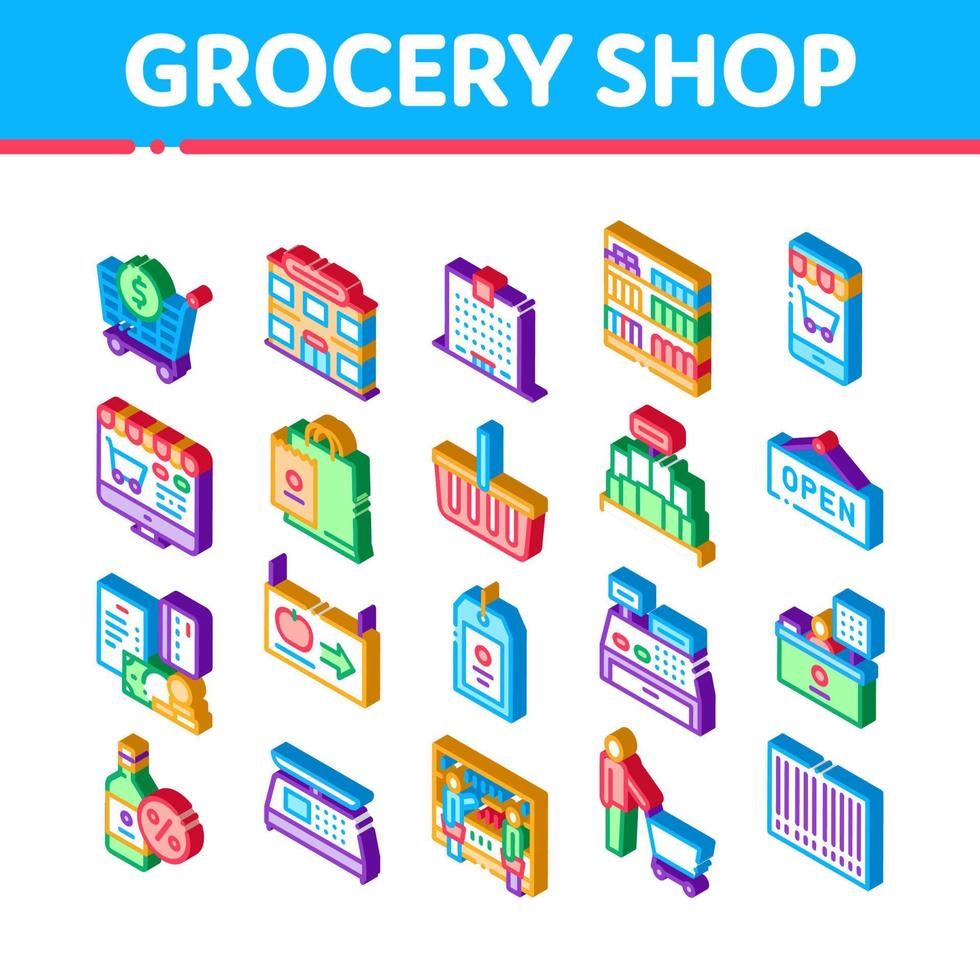 Grocery Shop Shopping Isometric Icons Set Vector