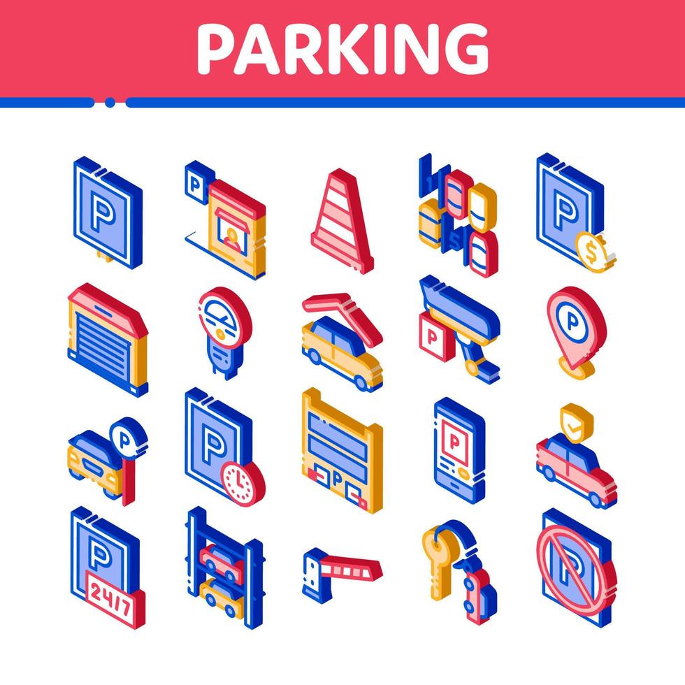 conjunto de iconos de elementos isométricos de coche de estacionamiento vector