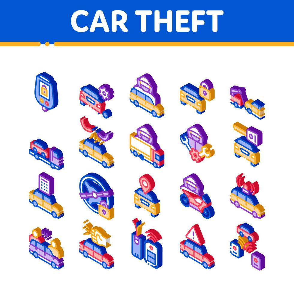 Car Theft Isometric Elements Icons Set Vector