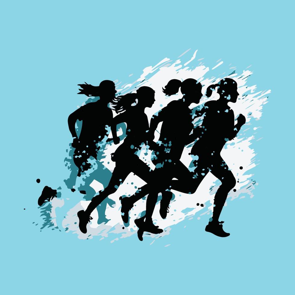 Running People Silhouette with burning effect. Silhouette of a group of running people. vector