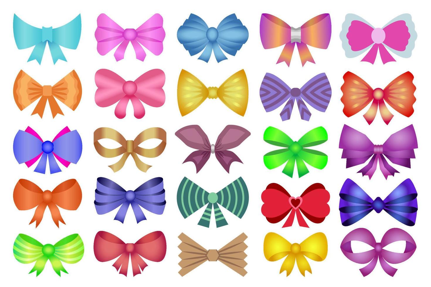 Colorful bow set. Collection of ribbon bows, decorative design elements. Tied colorful tapes, vibrant silk bows cute decorations. vector