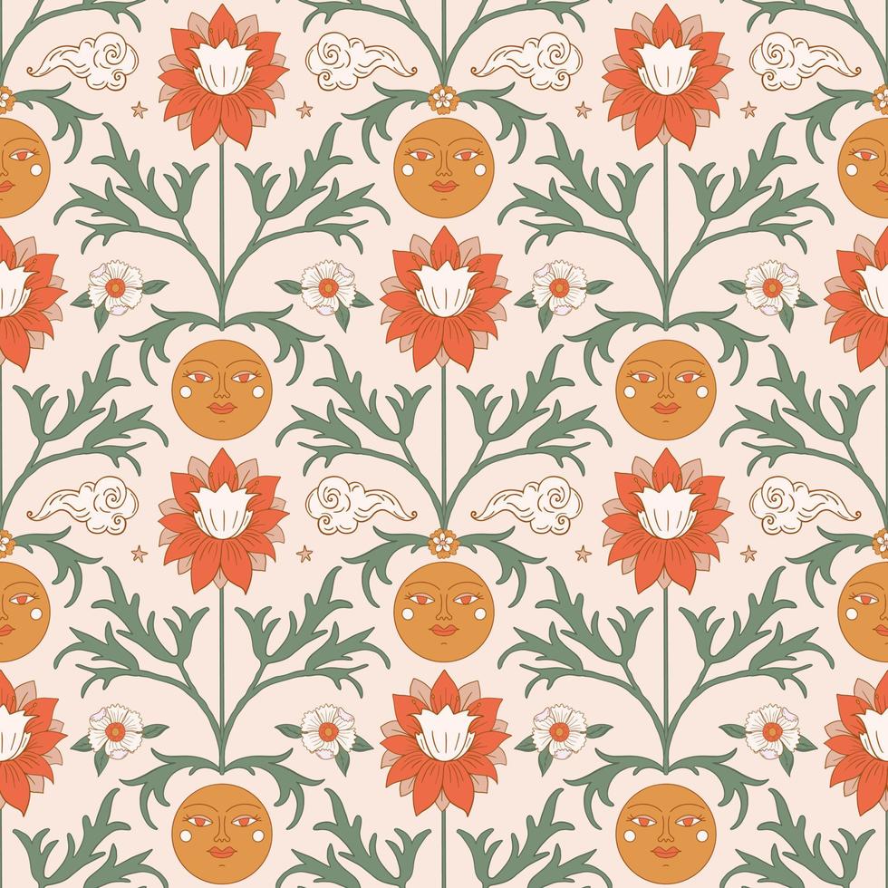 Floral retro boho pattern. Flower Power. Hippie pattern of the sixties. Summer flowers pattern. Boho style design perfect for wall art, poster, card, room decoration. vector
