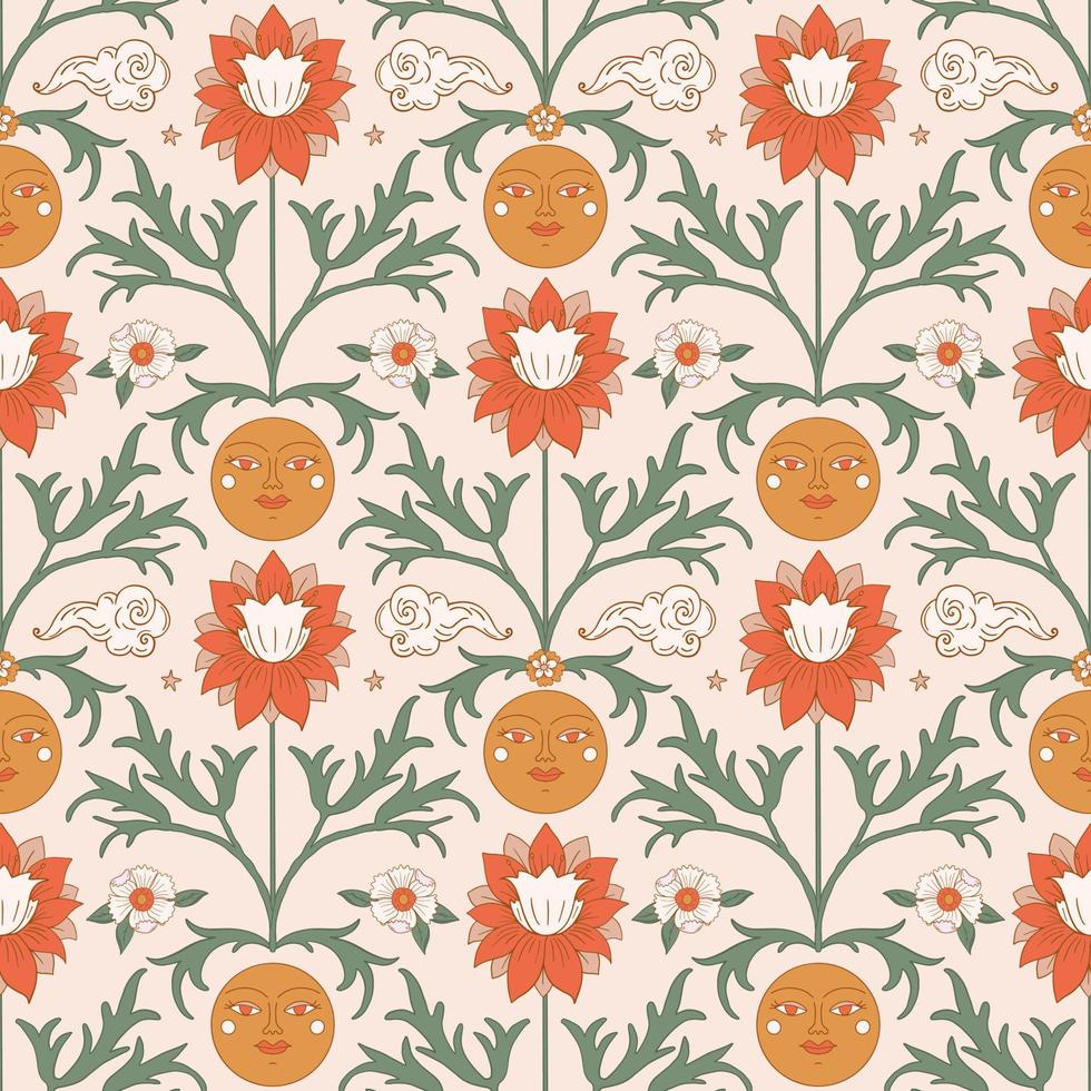 Floral retro boho pattern. Flower Power. Hippie pattern of the sixties. Summer flowers pattern. Boho style design perfect for wall art, poster, card, room decoration. vector