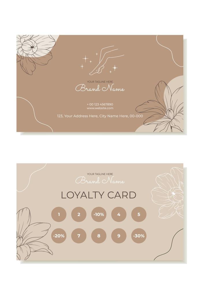 A rustic business and loyalty card template with plants in the outline. Suitable for beauty salons, hair removal masters, massage therapists. Vector