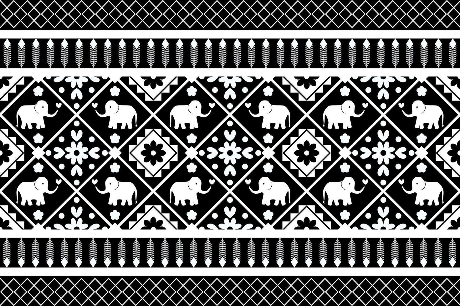 Black and white geometric and elephant painting ethnic seamless pattern design for wallpaper, background, fabric, curtain, carpet, clothing, and wrapping. vector