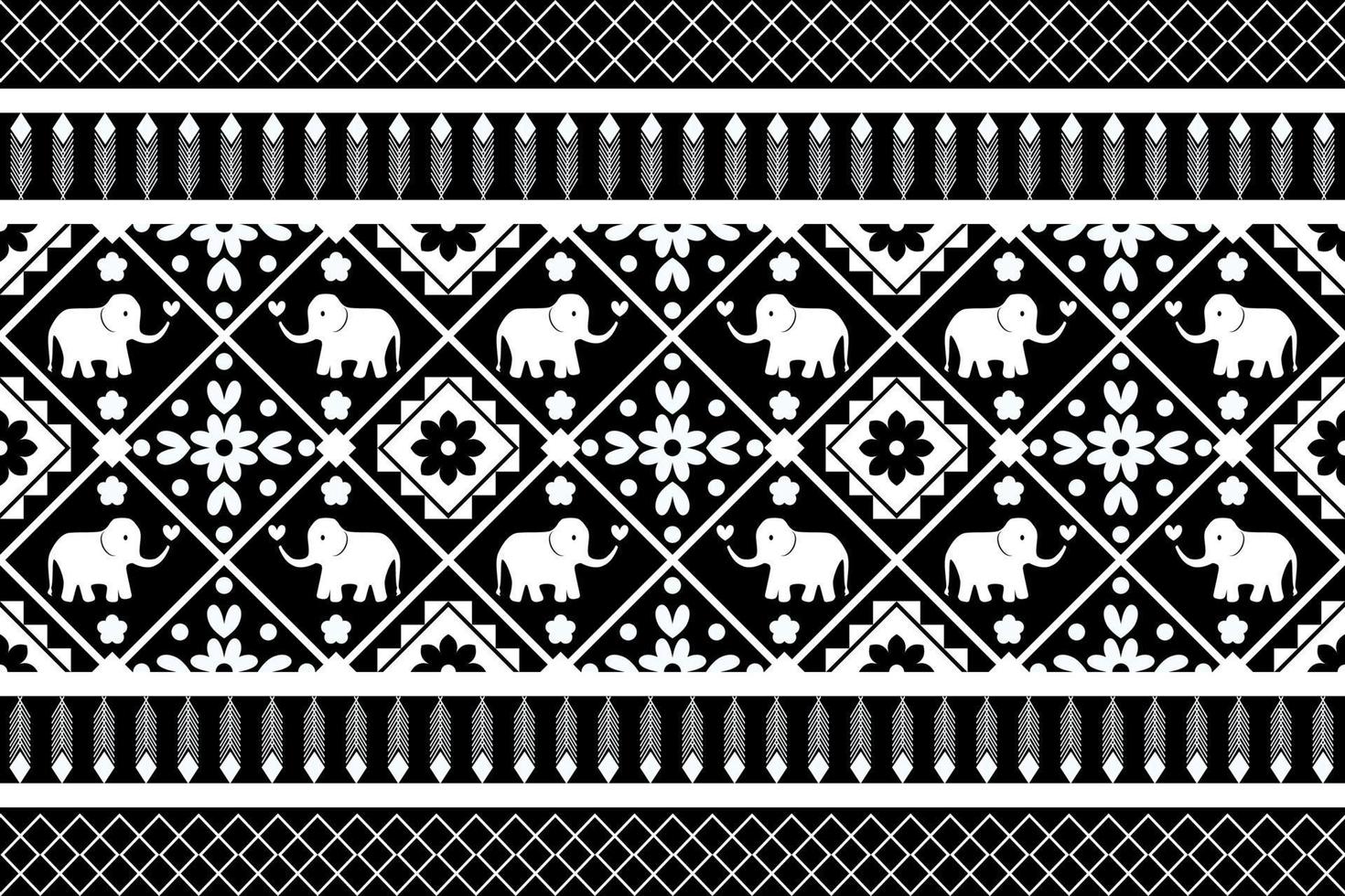 Black and white geometric and elephant painting ethnic seamless pattern design for wallpaper, background, fabric, curtain, carpet, clothing, and wrapping. vector