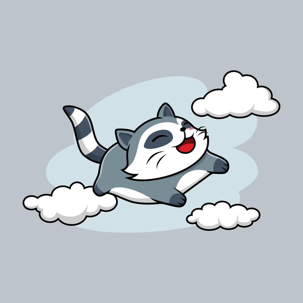 Flying raccoon on the sky with cloud vector illustration, sticker
