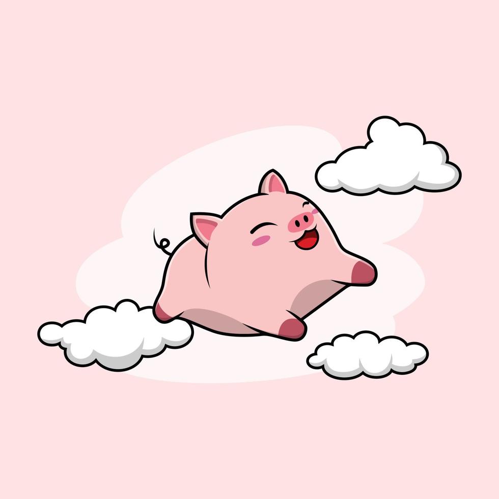 Flying Pig on the sky with cloud vector illustration, sticker
